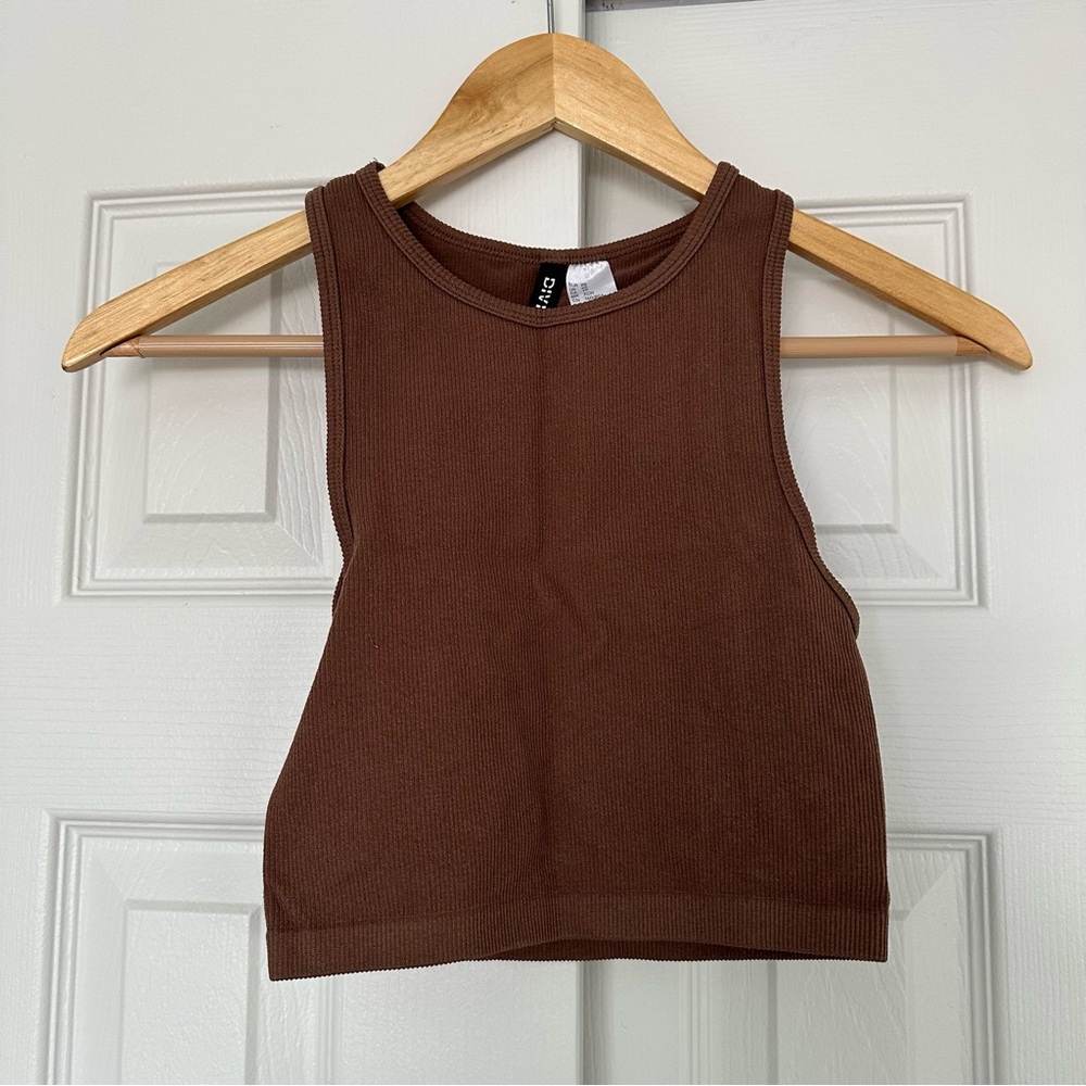 h&m Brown Ribbed Crop Tank Top